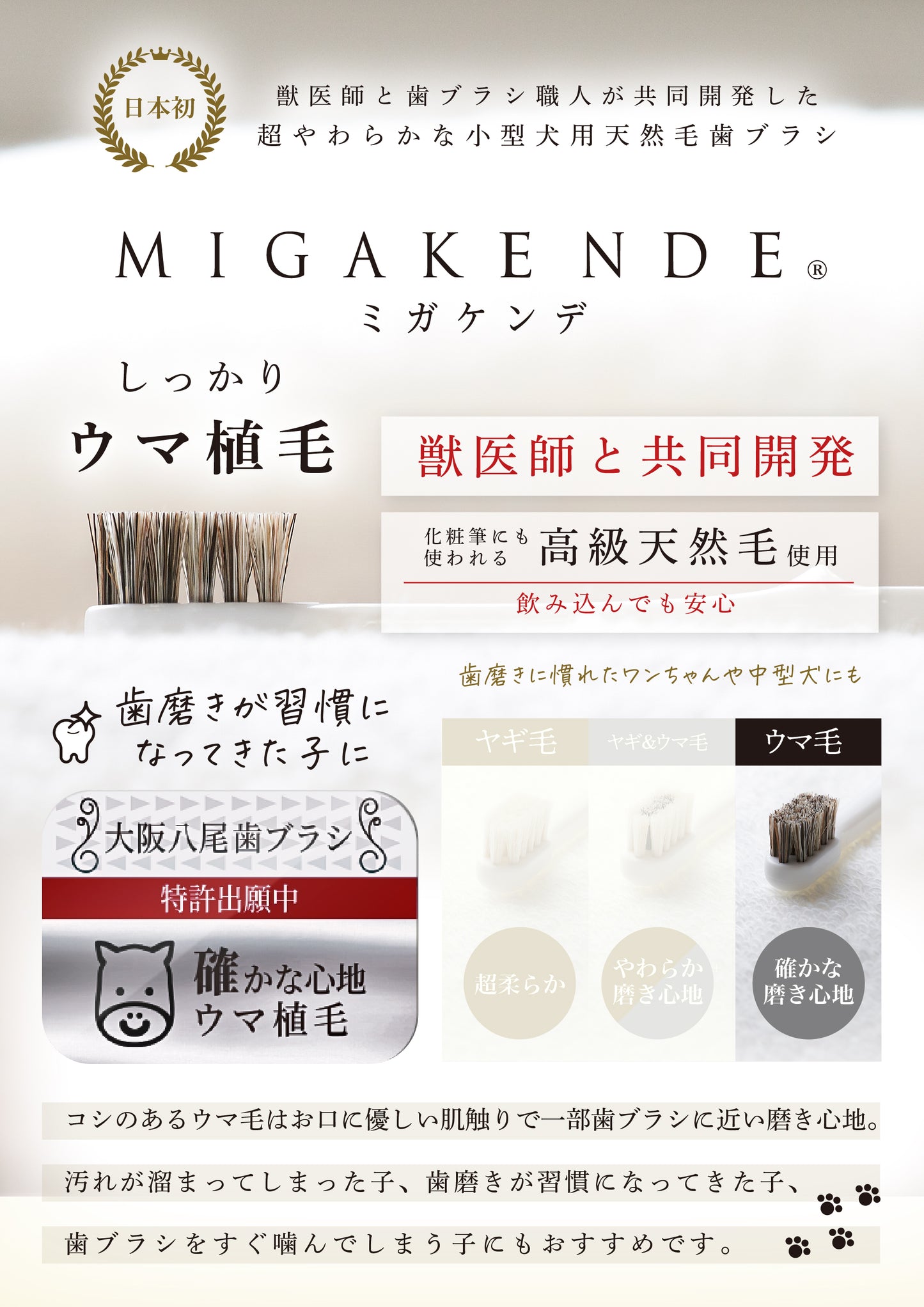 柔らかい天然毛歯ブラシ ミガケンデ 小型犬用 確かな心地 ウマ植毛 確かな磨き心地 1本