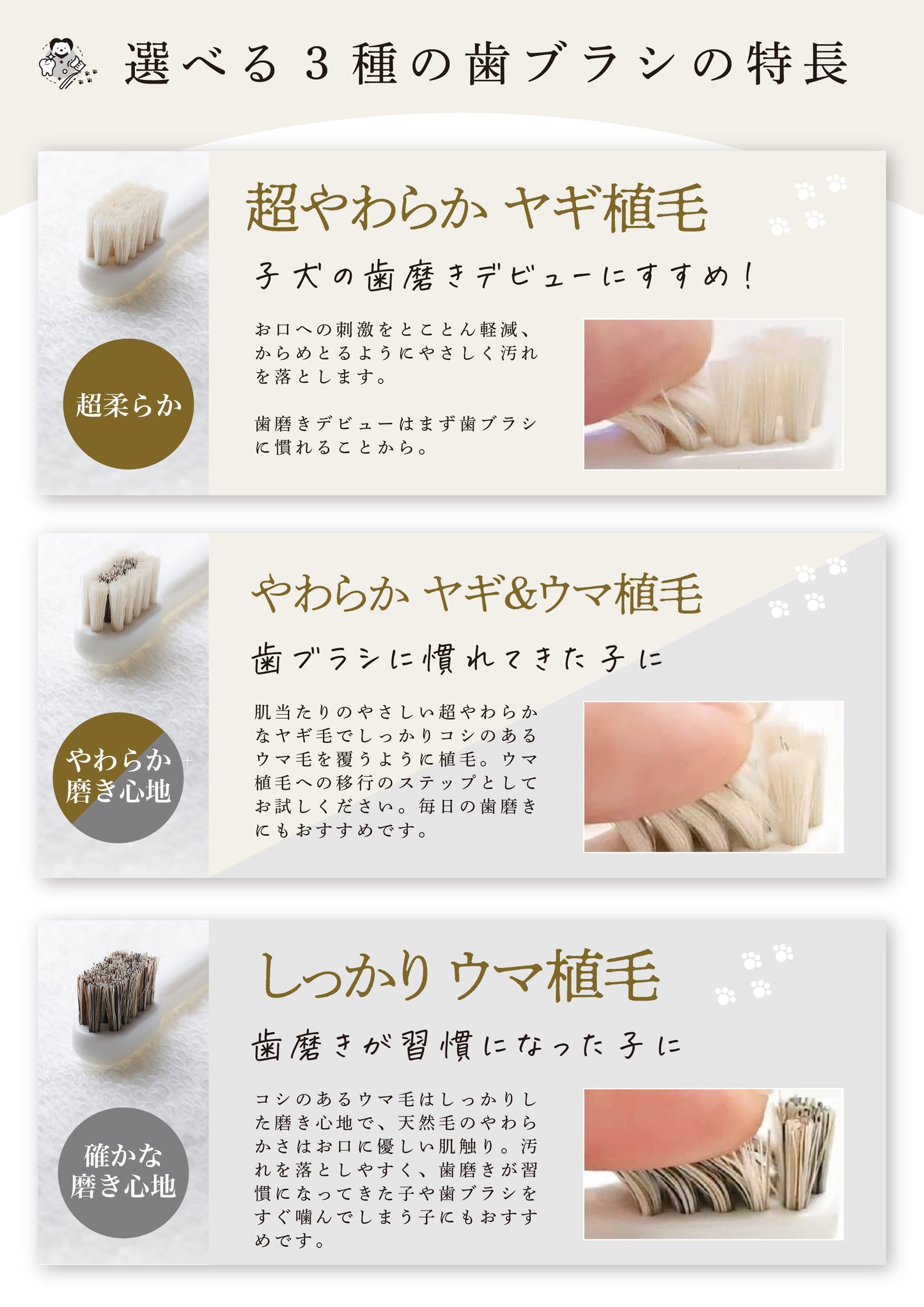 柔らかい天然毛歯ブラシ ミガケンデ 小型犬用 確かな心地 ウマ植毛 確かな磨き心地 1本