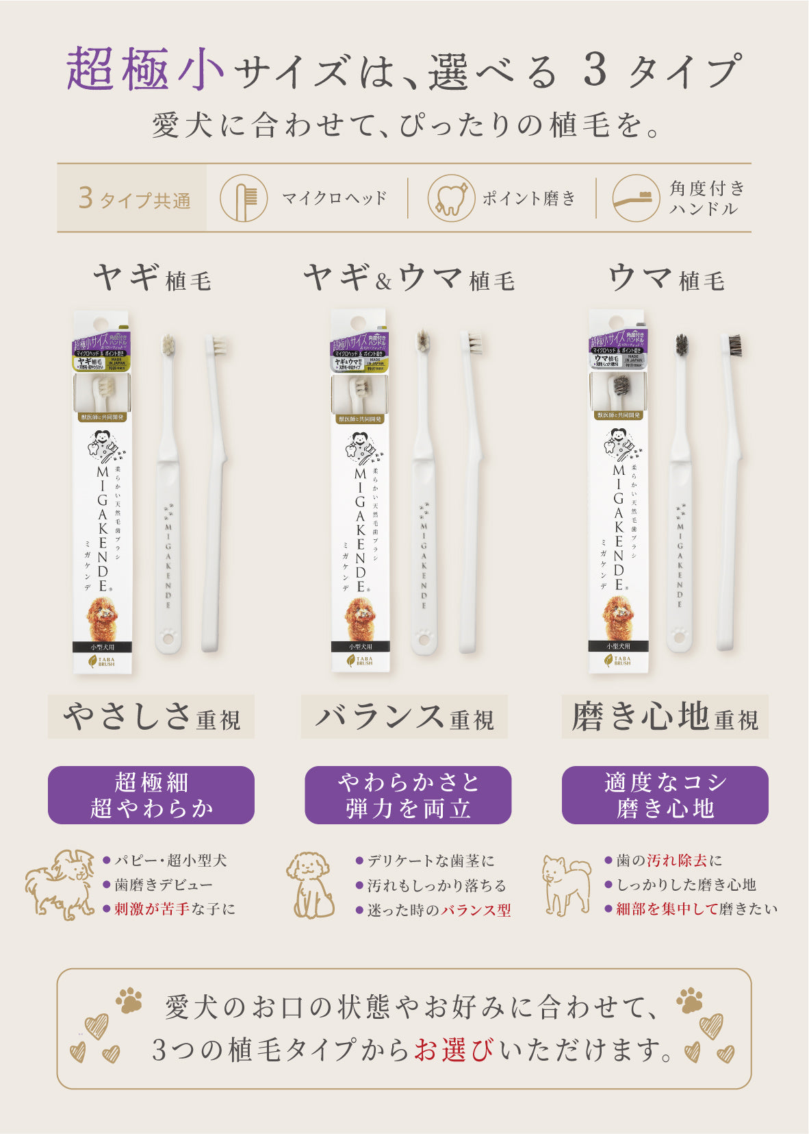 柔らかい天然毛歯ブラシ ミガケンデ 超極小サイズ ヤギ＆ウマ植毛 1本