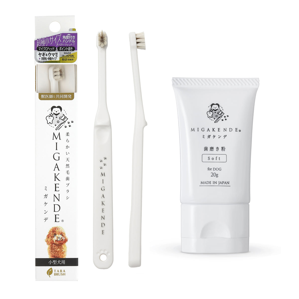 【NEW】柔らかい天然毛歯ブラシ ミガケンデ 歯磨き粉20g 特別セット